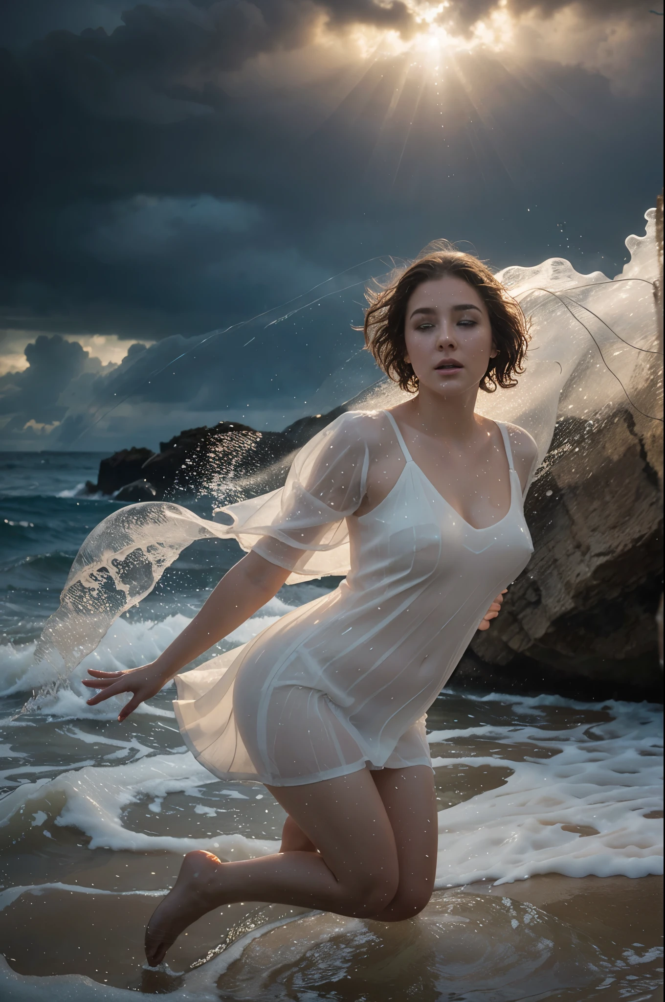 a white-skinned plump woman with short brown hair in transparent shoes in a light translucent dress with water drops flying around her, streams of water swirling around the body, emerges from a pile of foam in a stormy sea, Dramatic fairytale lighting, flying water jets, side view, the face is turned to the camera from the front