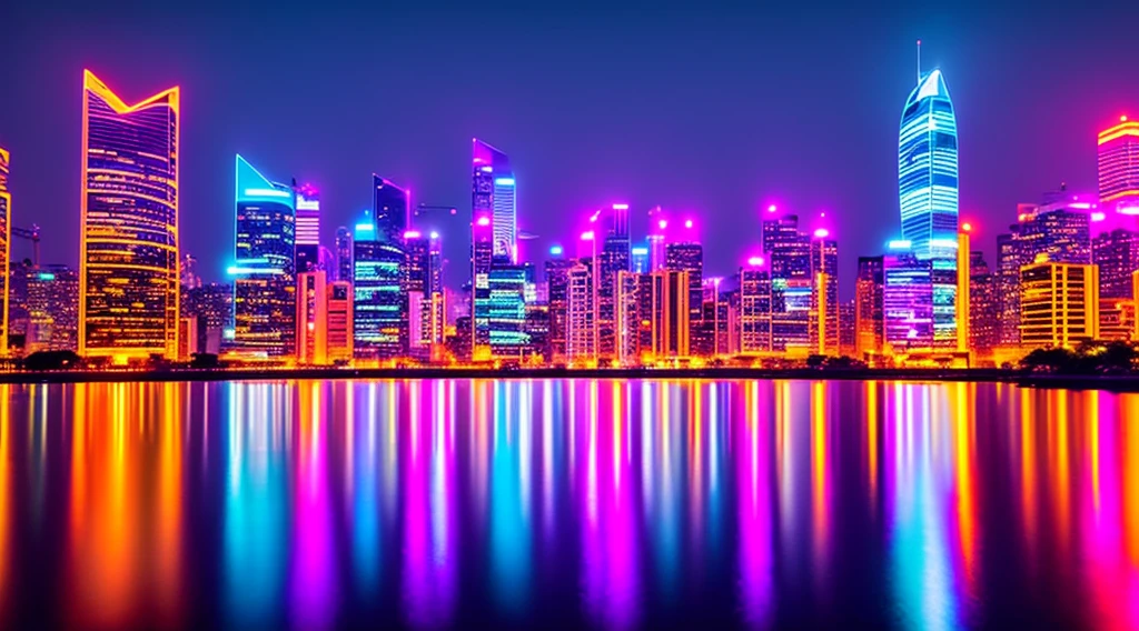 a close-up of a city skyline with a lake and a building, Luzes vibrantes da cidade, cidade colorida, bela paisagem urbana, reflexos neon, City Neon Lights Midnight, bright neon city lights, Reflexos da luz da cidade, cidade neon ao fundo, megacidade neon no fundo, futuristic city scenery, Neon cityscape background, city sunset fog neon lights, fundo da cidade futurista  