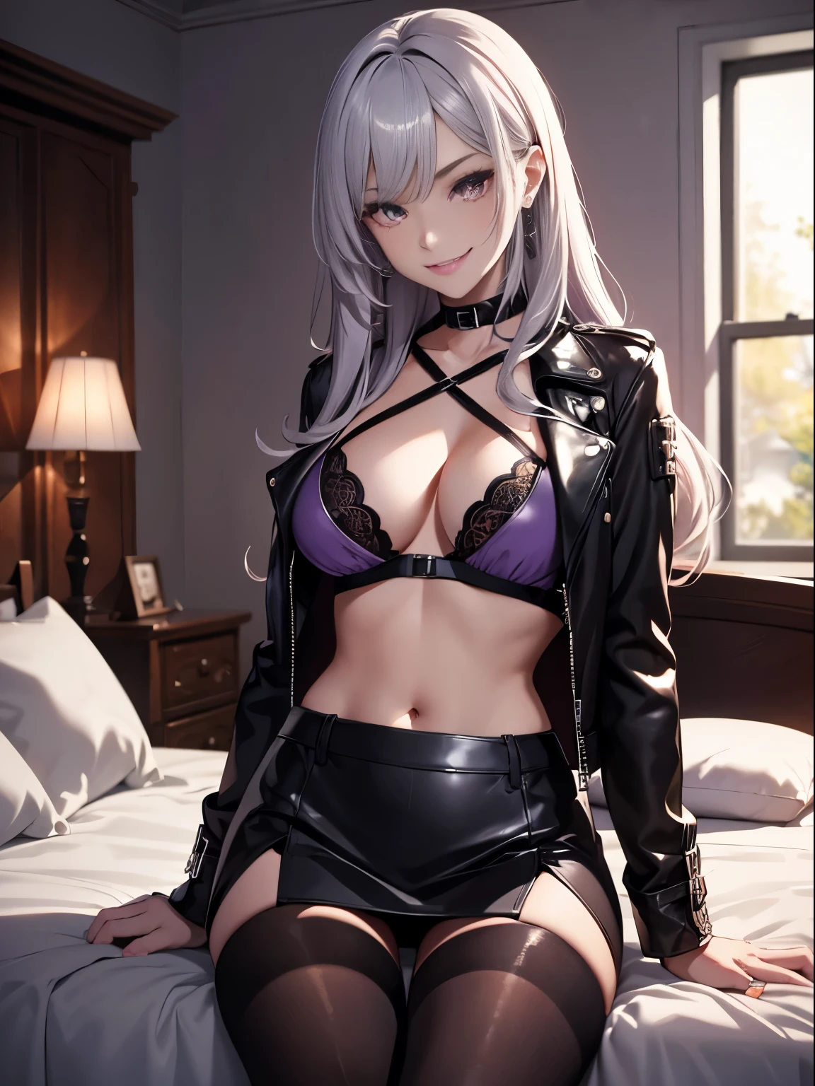 absurd, 8K ,High resolution, Super detailed, beautiful, masterpiece, 最high quality, (beautiful and delicate silver eyes), (1 girl) ,セクシーなbeautiful若い女性 ,black slit skirt,(black pantyhose),long legs ,fine legs,high heels,(((dark bedroom)))、
adult woman, black skin, purple long hair, red eyes, purple top, leather jacket, leather skirt, grin, open belly, open chest, black lipstick, masterpiece, high quality
