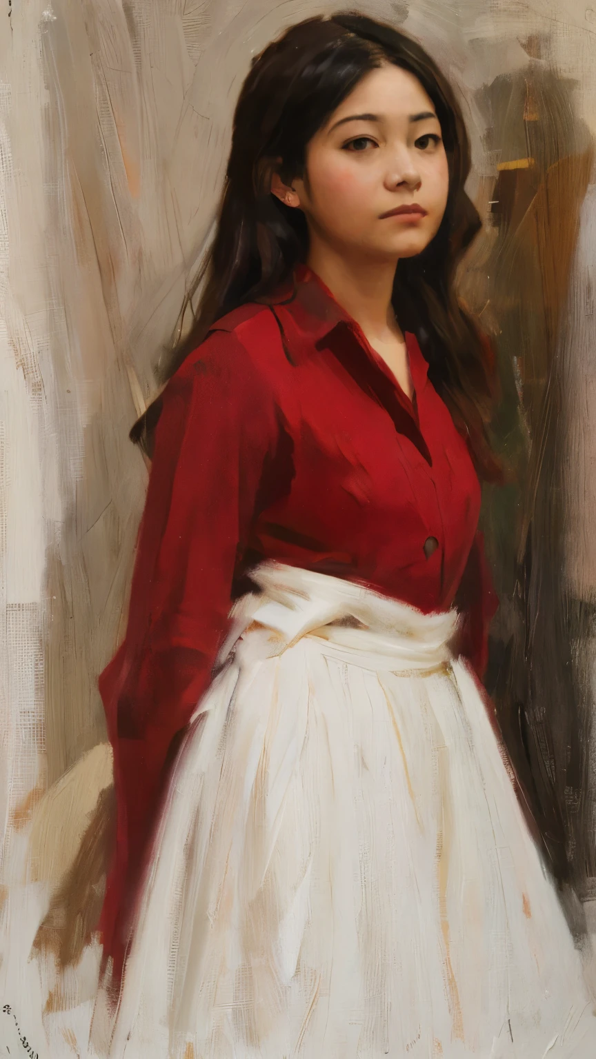 Young woman, dreamy eyes, vulnerable, oil painting