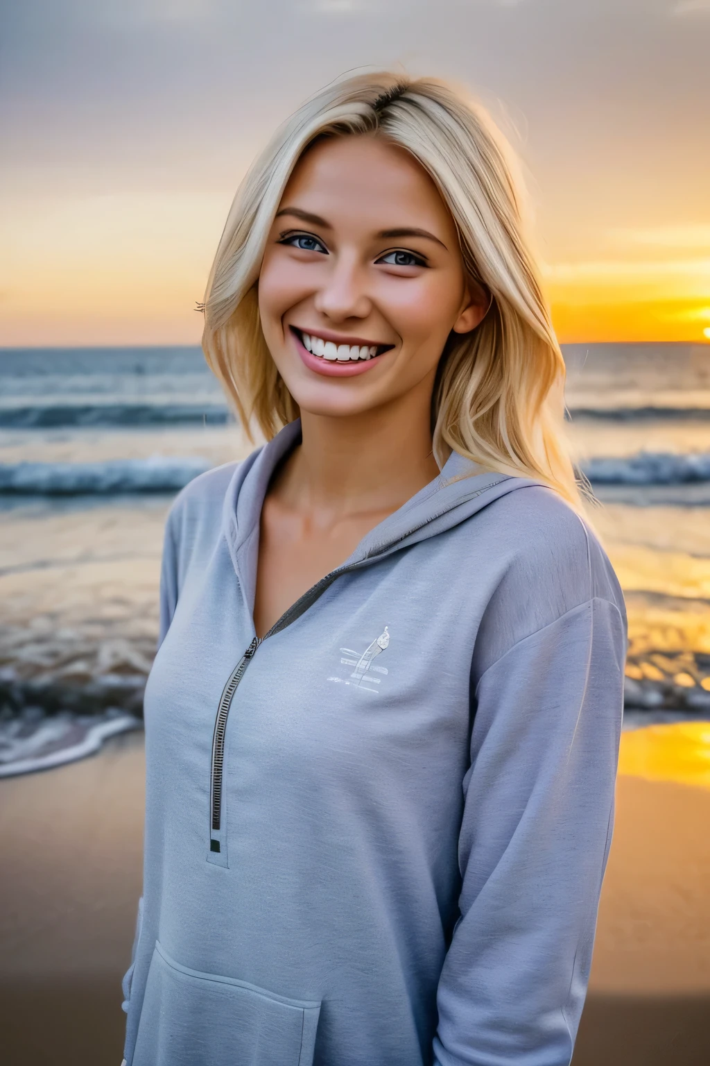 A 22 year old lady, blonde hair, white teeth, wearing a black sweat suit looking back, an attractive physique , Adorn her in a light lavender sundress with floral patterns, set against a serene beach sunset. Capture a candid laughter moment, showcasing her carefree joy with a bright smile and twinkling eyes. Pose her with a carefree twirl, capturing the movement of the dress. Frame the photo in a weathered, whitewashed wooden frame.