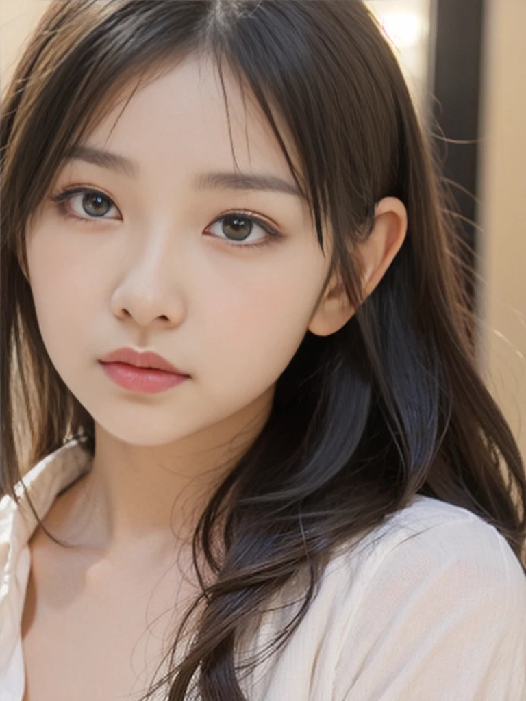 korean girl, long black hair and a white shirt, close up of a young girl, extremely cute anime girl, pretty. heavy eyes to the side, detailed soft face, beautiful,