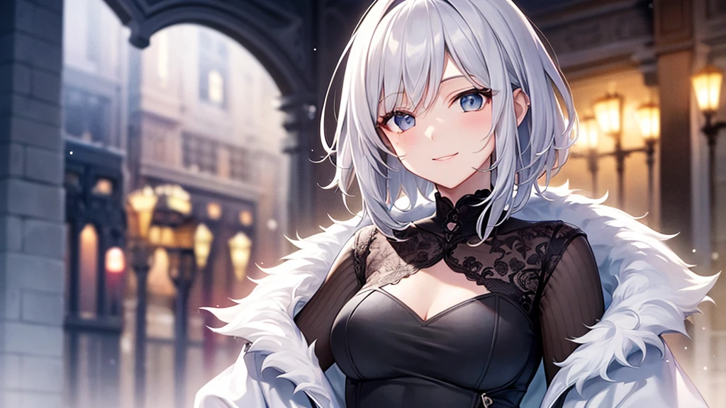 super high quality, with a girl, 20-year-old, very short hair, long bangs between the eyes, gray eyes , very detailed,(masterpiece、highest quality)、alone、gray hair、White skin as clear as snow、fantasy, silver hair, beautiful eyes,, ecstasy, charm, be smitten with audience, fantasyな風景、White jacket、black shirt、smile、flower garden