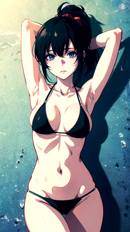 Anime girl with black ponytail,In a black string bikini,Put your arms above your head.,Height 170 cm