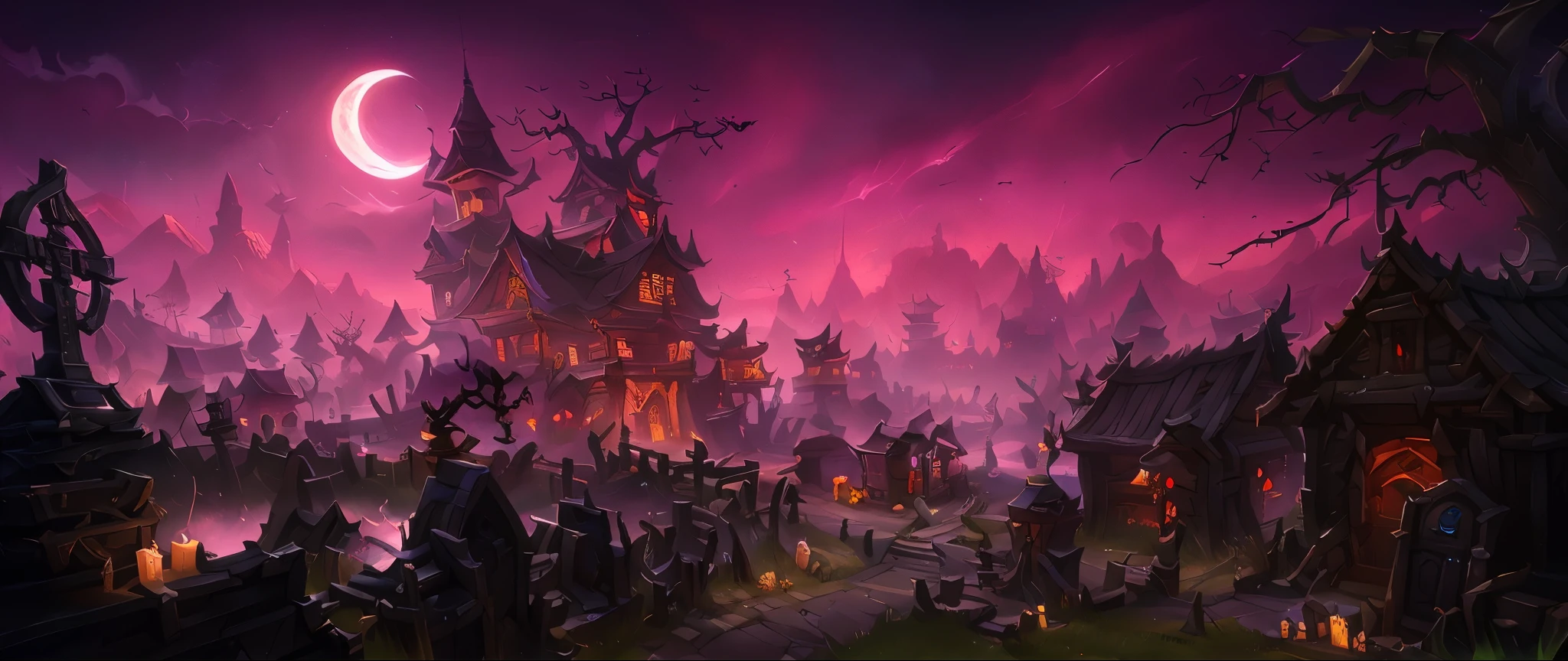 Araffed Cemetery，At night there are cemeteries and cemetery houses, hearthstone concept art, scary magical background, Blizzard Hearthstone concept art, world of warcraft art style, Fantasy Hearthstone art style, halloween atmosphere, background artwork, graveyard background, Hearthstone card game artwork. ”, nightime village background, hearthstone art style, hearthstone art, world of warcraft concept art, hearthstone art style