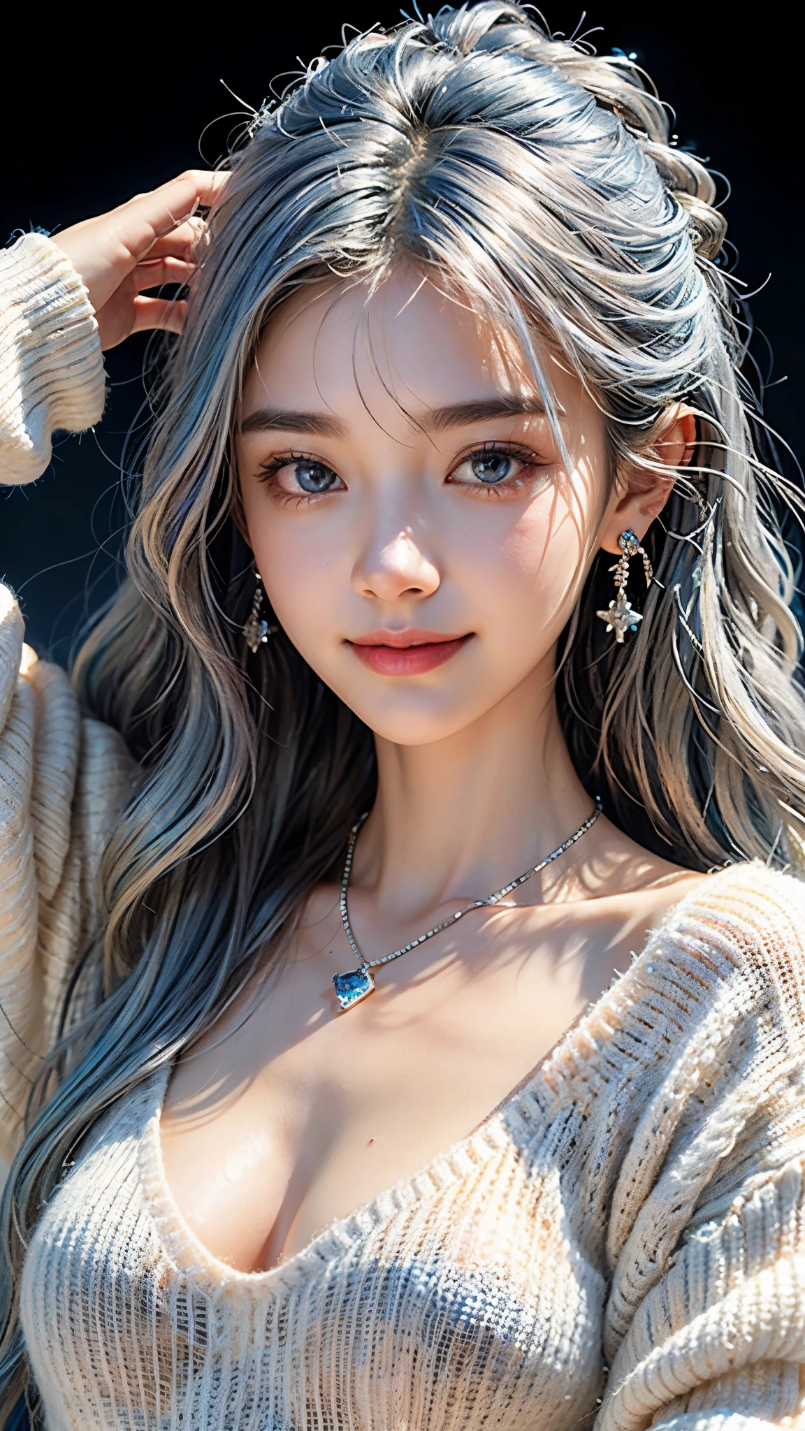 highest quality,8K, Detailed facial depiction, sparkling eyes,Super close-up,Do-up,(((blue silver hair))),(long wavy hair),1 girl, 21 years old, ((Large white fluffy sweater)), Because I'm slender, small breasts, smile, Colorful earrings, necklace, Fine, clean skin,transparent skin,