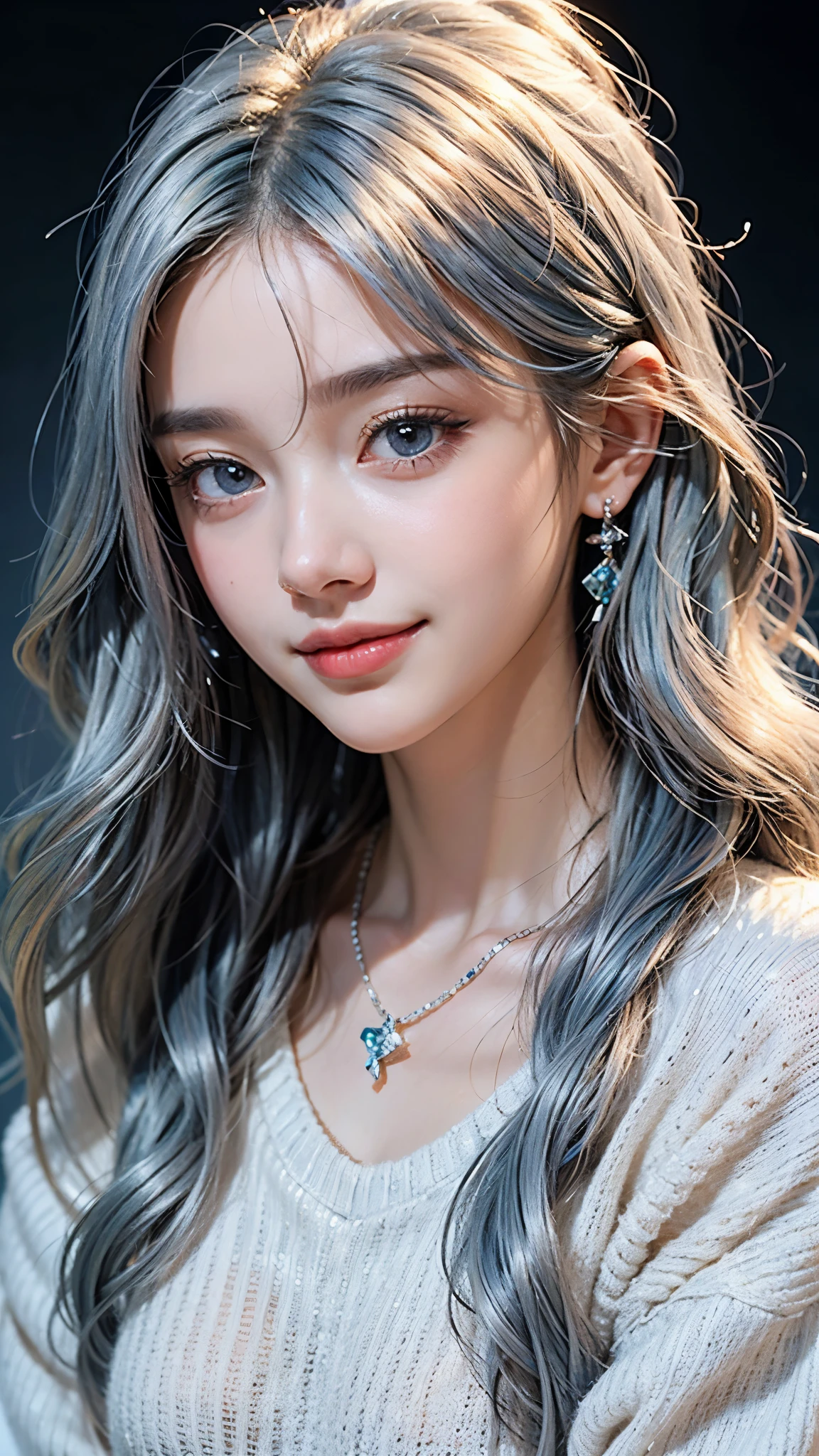 highest quality,8K, Detailed facial depiction, sparkling eyes,Super close-up,Do-up,(((blue silver hair))),(long wavy hair),1 girl, 21 years old, ((Large white fluffy sweater)), Because I'm slender, small breasts, smile, Colorful earrings, necklace, Fine, clean skin,transparent skin,