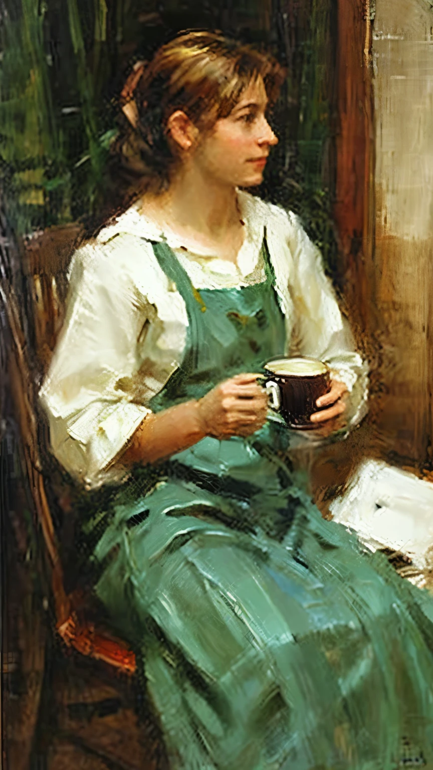 Young woman, cradling coffee cup, oil painting