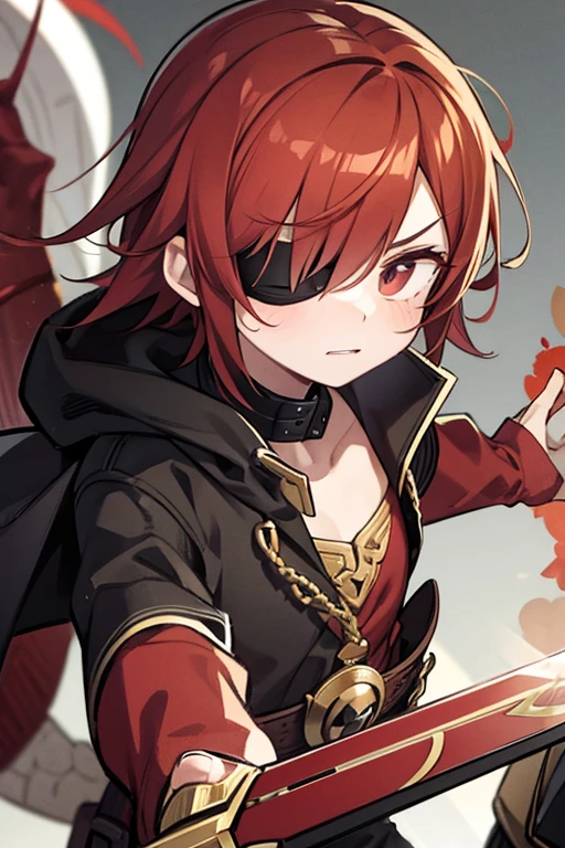 He has short red hair who controls a dragon, wears a black eyepatch, and carries a magic sword.