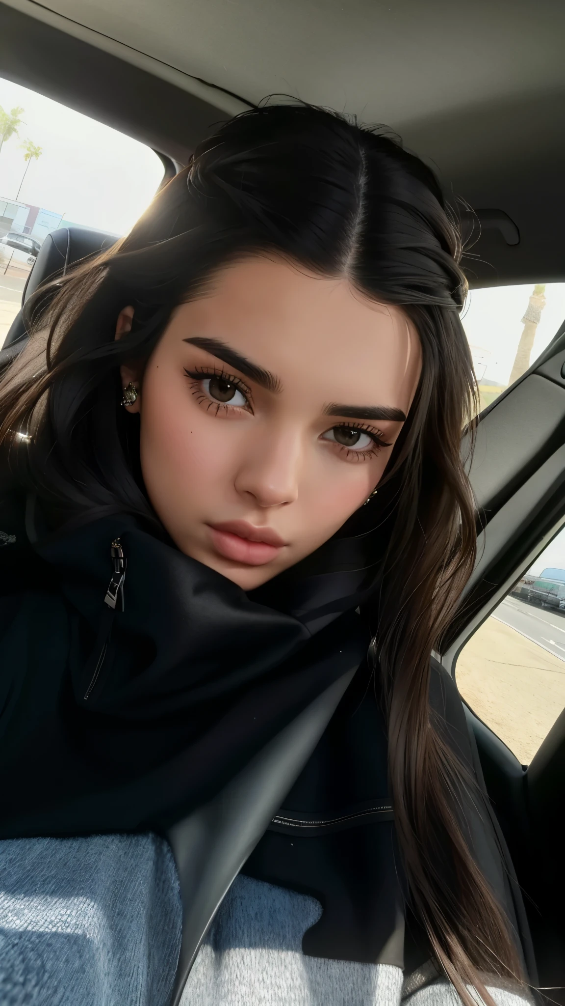 Mujer arafed en un coche con una chaqueta de cuero negro., Kendall Jenner, Emily Ratajkowski, portrait Emily Ratajkowski, Dua Lipa, sentada en su auto, cristina kritkou, cara sexy, Victoria Siemer, Sonrisa malvada, 1 1 1 1, mirada sexy, 8 1 5, big cheekbones, mirada mezquina, mirada severa, Kendall Jenner