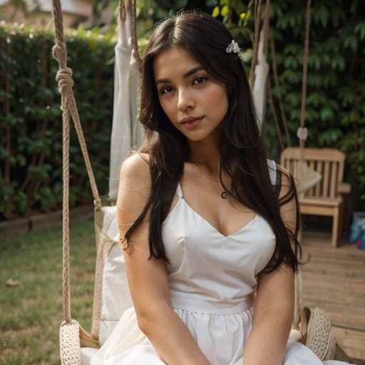 the pretty  girl sitting on the chair and looking at the flower