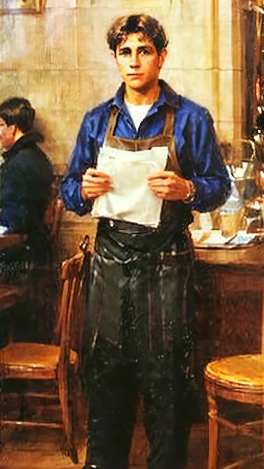 Handsome young man, working in a coffee shop, oil painting