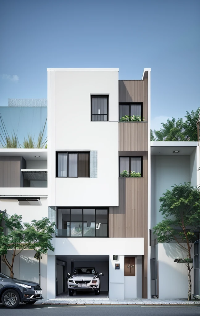 a rendering of a modern apartment building with a car parked in front, precise architectural rendering, architectural render, high quality rendering, architectural 3 d render, architectural rendering, professional render, overall architectural design, wide angle exterior 2022, all white render, freddy mamani silvestre facade, inter dimensional villa, exterior design, detailed rendering, architecture render, quality rendering