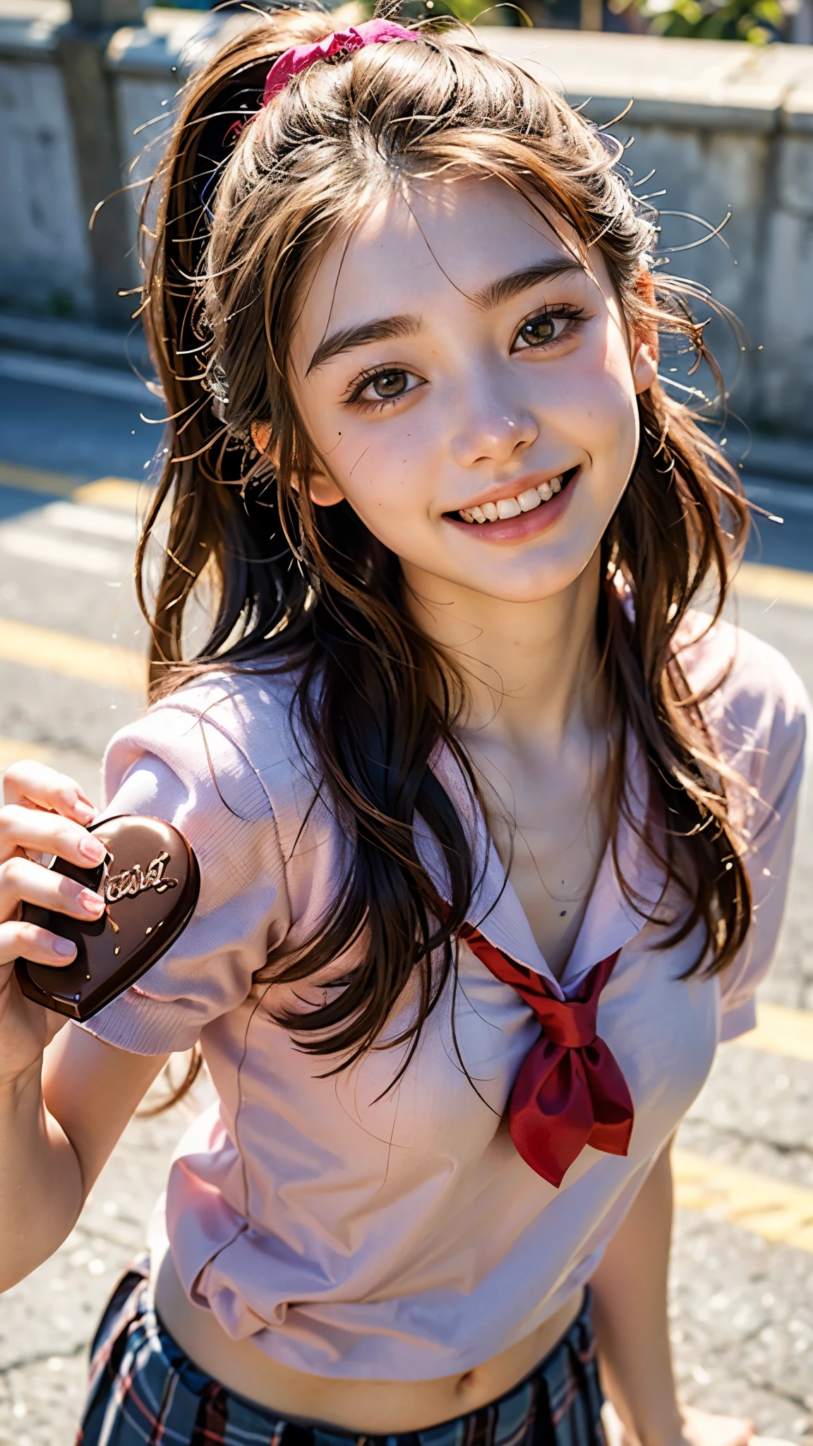 highest quality, masterpiece, ultra high resolution, (realistic:1.4), (close portrait) Raw photo, 1 girl, 18-year-old,((school uniform)),((Hold out Valentine&#39;s Day chocolates to the viewer with both hands.)),((Looking up at the viewer)),(blush),masterpiece, realistic pictures, saturation, contrast, ((small breasts)),((smiling showing teeth)),Ponytail and scrunchie
