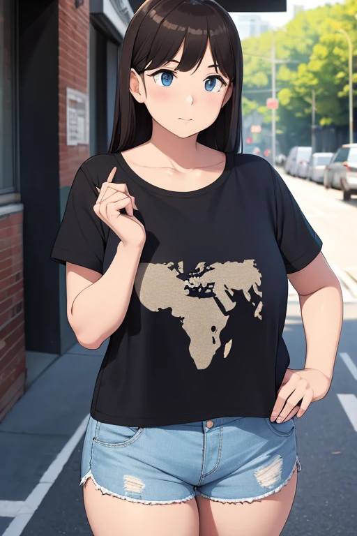 Beautiful girl on the street in a close-fitting T-shirt and shorts with a map printed on it.