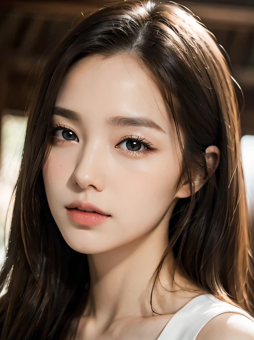 ((masterpiece、highest quality、realistic、Super detailed、High resolution、Photoreal、sharp focus、cinematic lighting))、Stunning portrait of a beautiful woman、bust shot、high contrast、heavy makeup、With an oval face and symmetrical facial structure、Big eyes、Khazar eye color、almond shaped eyes、Straight and balanced nose、Soft wavy black hair、heart-shaped lip、Perfect eyebrows、perfect ears、soft skin、pale white skin、Raise your chin slightly、closed your mouth、slight smile 、plain background、focus from the chest up