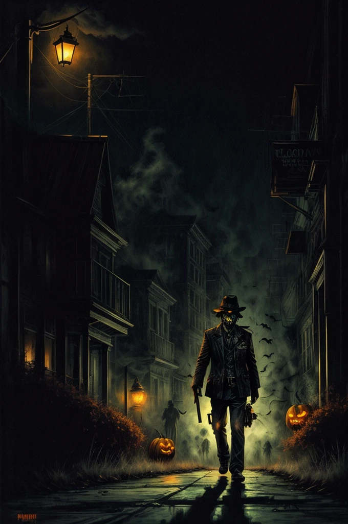 Illustration of a nightmarish Halloween night with zombies lurking the streets