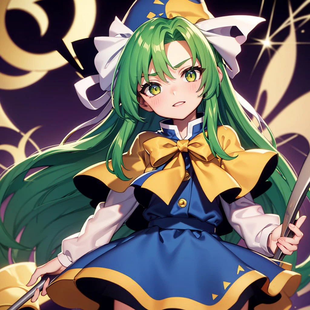 masterpiece, best quality, 1 girl, , , , blue hat with a yellow sun pattern, long green hair, blue cape, blue cloak, blue clothes, white long sleeves, yellow ribbon, from behind, to lift up one’s skirt, cowboy shot, from front, standing , raise one leg, crossed arms, arms up behind, arms behind back, hand between legs, put hands hip, one hand on hip, forward hands, arms raised in the air, punch hands, peace_sign, waving, put up index finger, sit, lie down, closed eyes, lie face down, looking back, put one hand chest, leaning forward,cleavage,close up, horizontally outstretched arms, horizontally outstretched legs, front view, front face