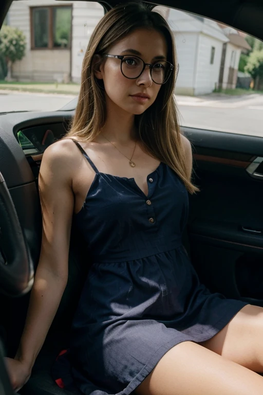 dark blonde girl, realistic, glasses, cute summer dress, driving a car
