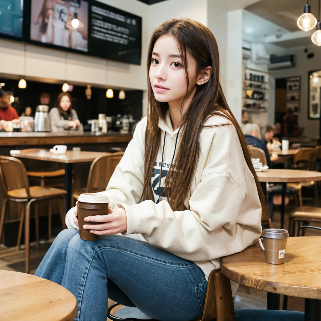 (realistic、High resolution:1.3)、Just one girl with a perfect figure、super thin face and eyes、long hair、hoodie:1 in random color.2、short jeans、at the cafe、coffee on the table、
