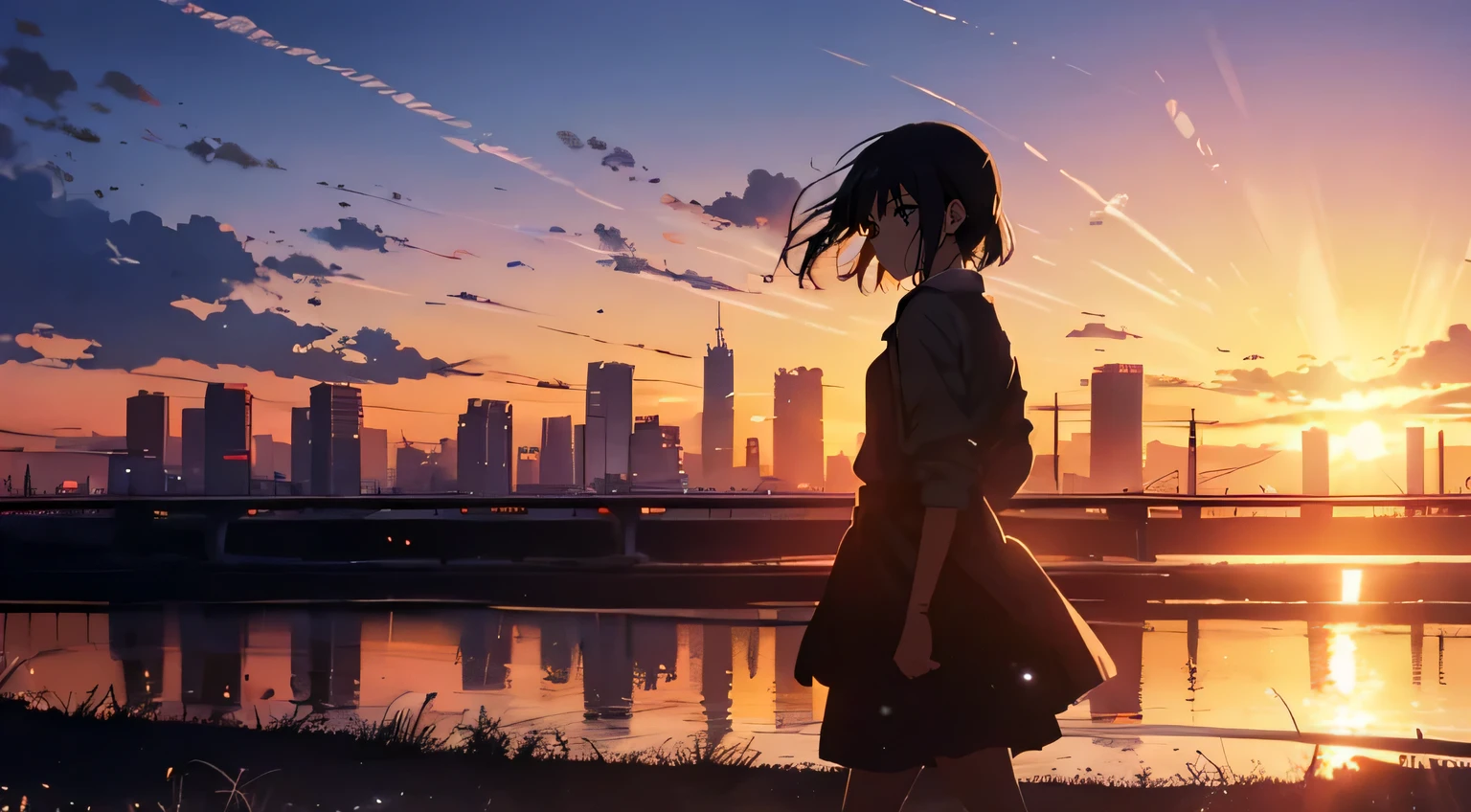 High resolution、highest quality、Super detailed、Makoto Shinkai Anime、Madder sunset , Backlight , Lens flare , vast sky, beautiful skyline, suburb, very tense and dramatic photo, moving visual effects, lonely image, and colorful natural light ,utility pole , One piece silhouette girl , Walk along the banks of the Tama River