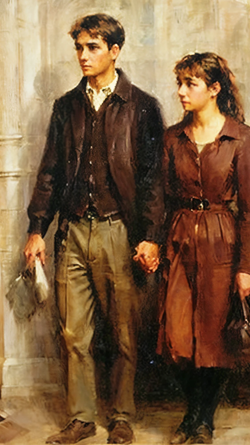 Young Man and young woman, holding hands, oil painting
