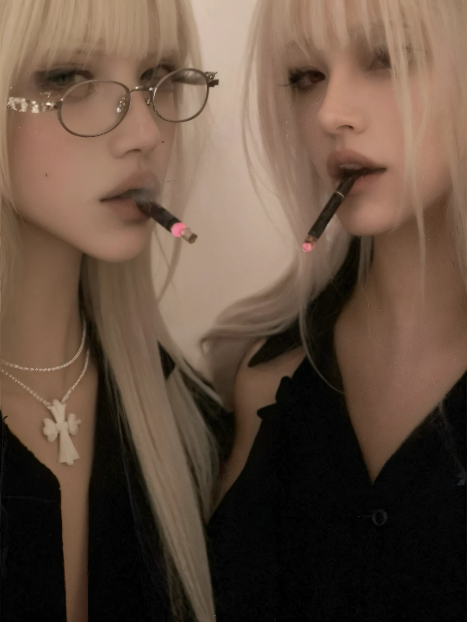 blonde women with glasses and a cigarette in their mouth, gothic aesthetic, darkwave gothic aesthetic, goth girl aesthetic, gothic horror vibes, they are smoking, gothic aesthetic, pastel gothic aesthetic, anime vibes, goth girl smoking, creepy aesthetic, grunge aesthetic, obras de arte no estilo de guweiz, Dark aesthetics, grunge aesthetic!!!, ava max, grunge aesthetic!!! (inspired by jennie and rosé, ultra HD, realista