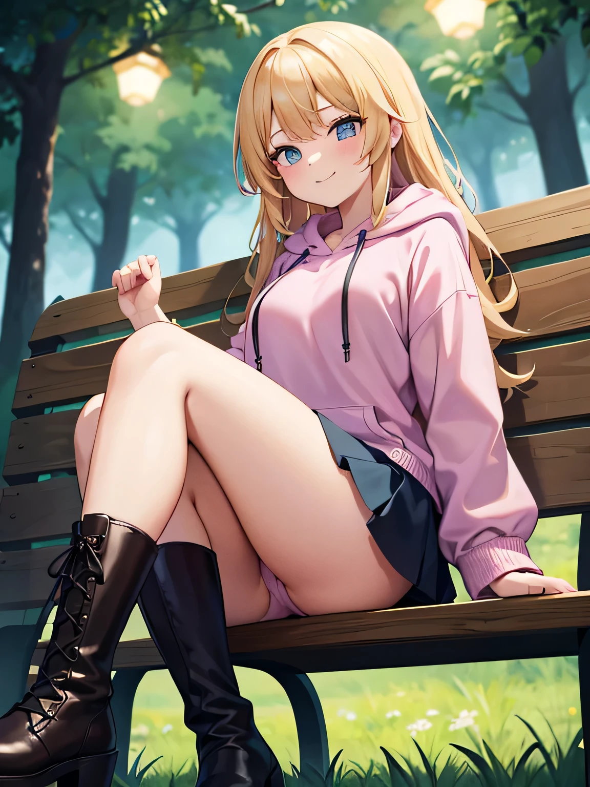 (1) A woman is sitting cross-legged on a bench. The color of the pants you can see is pink..
(2) She&#39;s a gal, Baby-faced but with heavy makeup. she has long blonde hair.
(3) The woman is wearing a brightly colored hoodie, Mini skirt and platform long boots.
(4) The woman&#39;s expression is a smile.
(5) The location is a park bench at night surrounded by a forest..