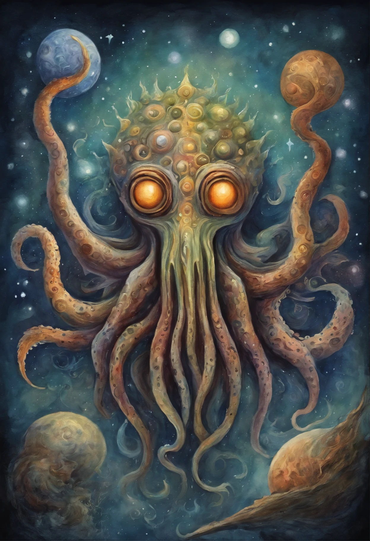 a painting of a strange creature with many eyes, yog - sothoth! yah, azathoth, cosmic horror style, cosmic horror, cosmic horror painting, cosmic horror entity, cosmic horror!!!, psychedelic cosmic horror, cosmic horror creature, cosmic horror!!, lovecraftian inspiration, cosmic horror concept art, lovecraftian cosmic fear, eldritch space