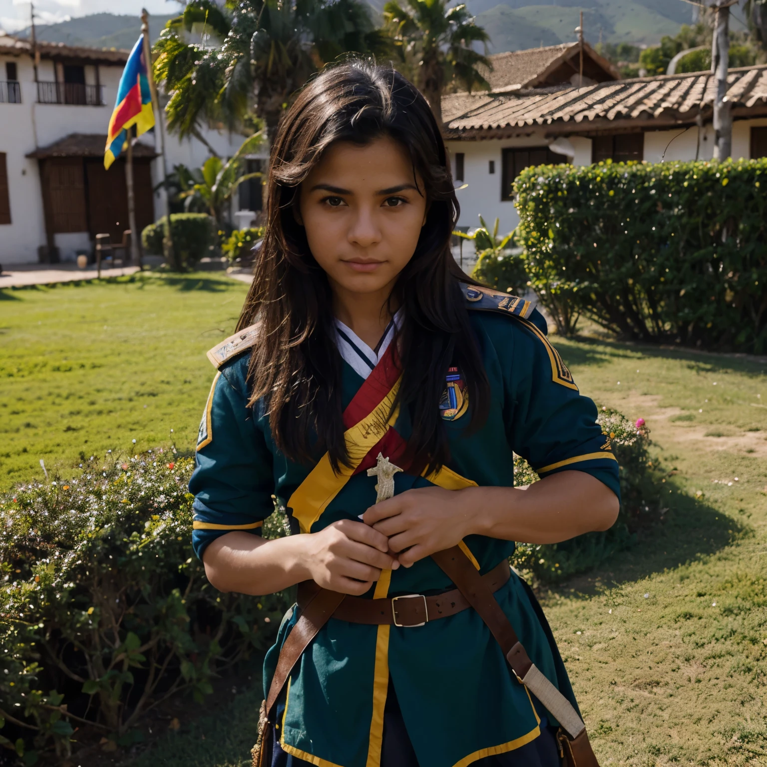 Soldado arrodillado con la bandera del Ecuador en la mano y pidiendo a Dios, high resolution, vista, romance, smallness