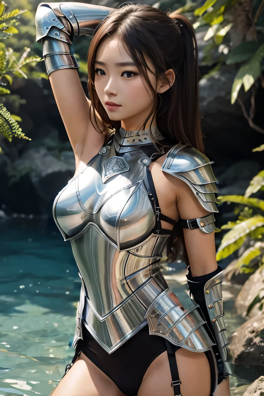 a beautiful japanese girl, very cute high school girl assassin, detailed portrait of innocent  virgin, in the wilderness, ((a lot of smoke coming from her:1.15)),(silver breastplate, silver bikini armor, white arm cover, silver booties:1.25),(full body, down on her knee:1.3), (grin, smile:1.2),cute double eyelids and black eyes,(looking at another, looking up:1.2),translucent skin, beautiful small breasts, cleavage, midriff-baring, glossy straight medium black hair, asymmetrical bangs, attractive thighs, beautiful legs, ((best quality, 4k, 8k, highres, masterpiece, ultra-detailed, realistic, photorealistic, photo-realistic, intricate detail, highly realistic:1.3)), dramatic lighting, muted color palette, cinematic composition, emotional portrait