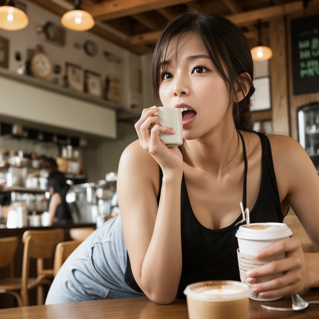 Realisticな,(master piece, high quality:1.2) ,Realistic, one perfect woman、RAW photography, wide wide shot, she keeps her mouth open, drink coffee、I'm at the cafe、Tank top