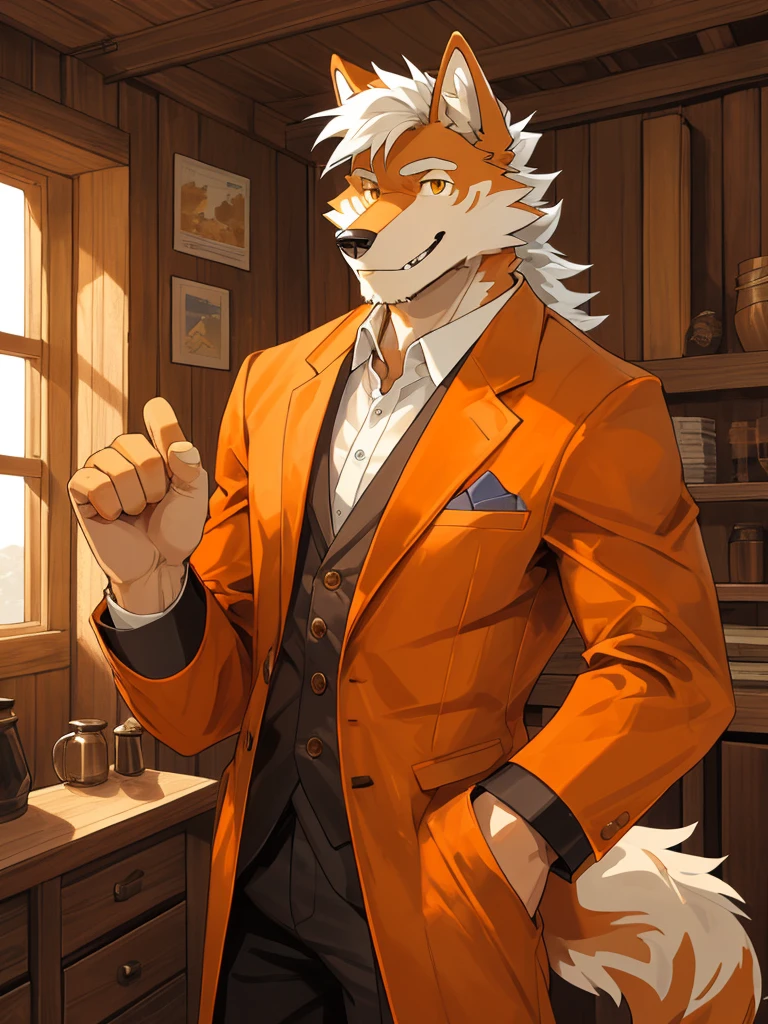 1man,Correct body structure,Correct finger structure,Correct pupil structure,single person, ((orange fur)), orange wolf, strong, white hair, smile, brown pupils, wolf tail, Medium length hair, Orange suit, in the cabin, chamberlain