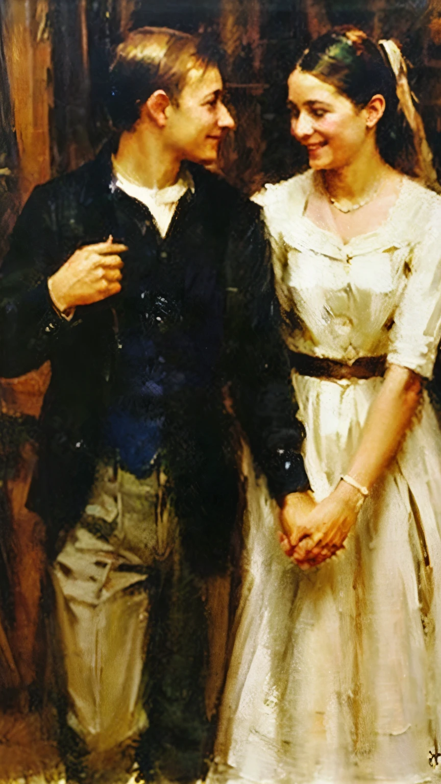Young Man and young woman, smiling, holding hands, oil painting