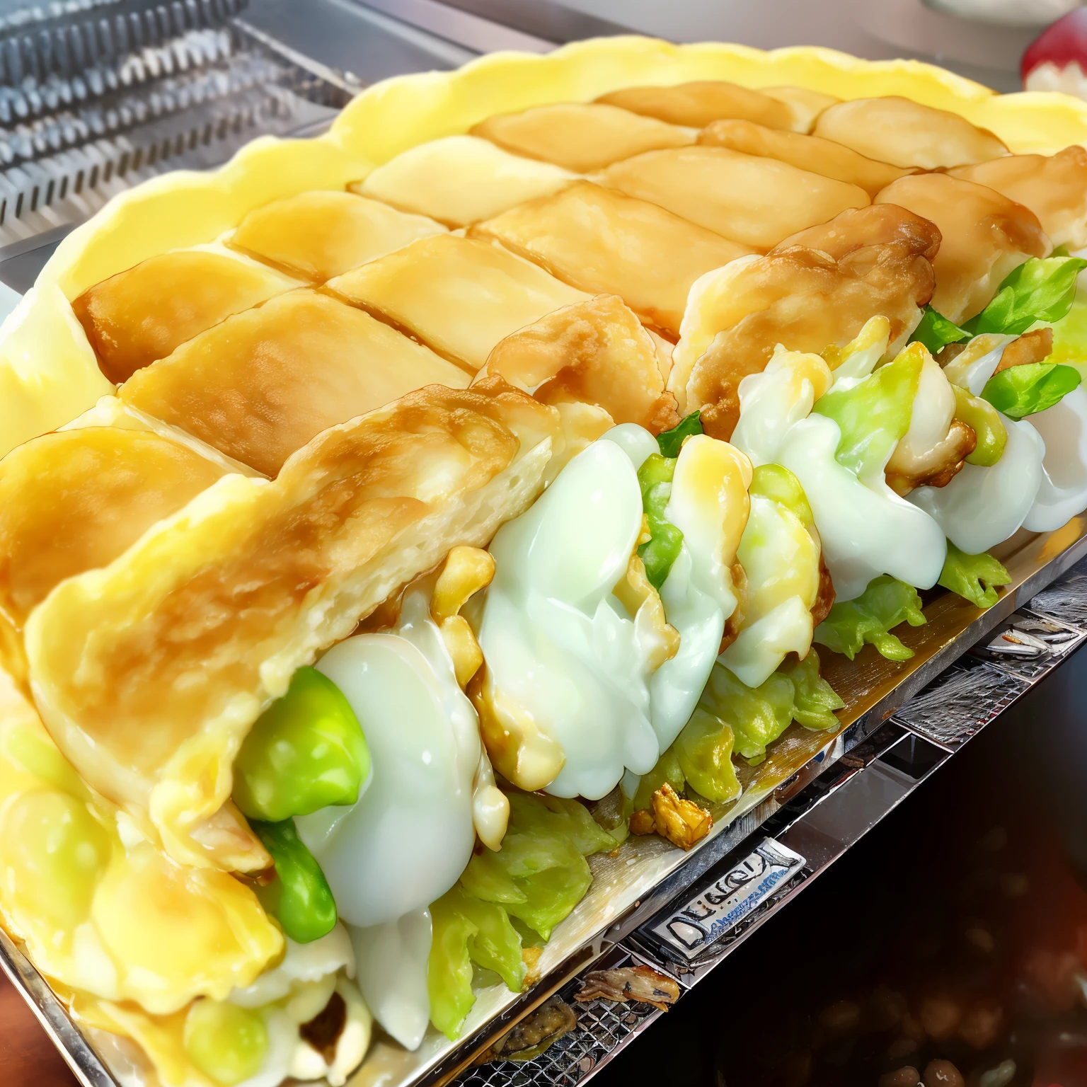 Araffe sandwich with onions and cheese on a metal tray, ❤🔥🍄🌪, superb, lattice, Banshou, cruel, Tempura on the stand, pastel colors, delicious, 😭 🤮 💕 🎀, obscure, 🥥 🍕 hybrid, Waffle House, Cakes', Hmmmm., 🤬 🤮 💕 🎀