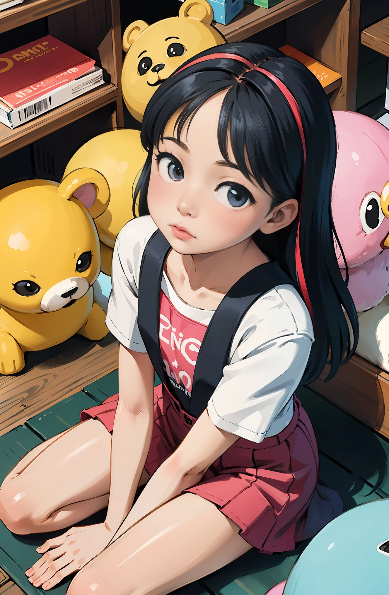 (masterpiece, highest quality), (colorful:1.4), From above, alone, One girl crouching on the ground in a store with a lot of stuffed animals on the shelves, Hand fingers properly, Cladding, Depth of bounds written,whole head,idol costume,cute,