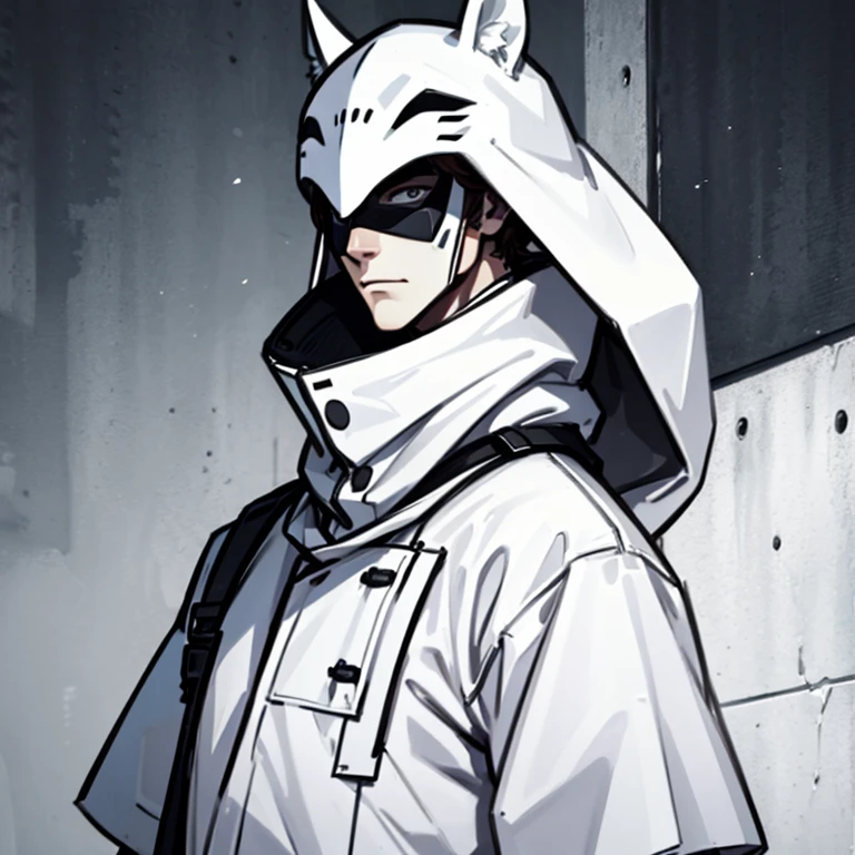 Man character in completely white clothing and a mask that covers his neck 