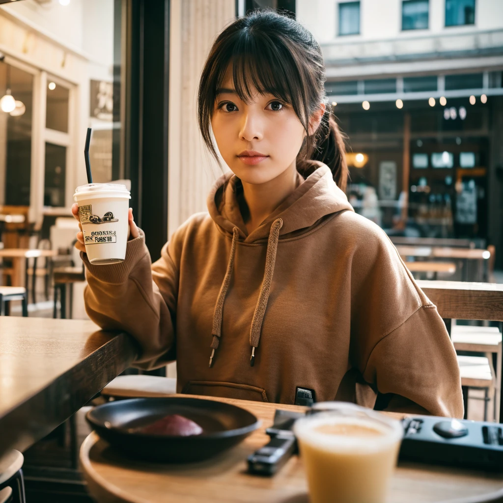 Realisticな,(master piece, high quality:1.2) ,Realistic, one perfect woman、RAW photography, wide wide shot, drink coffee、I&#39;m at the cafe、hoodie