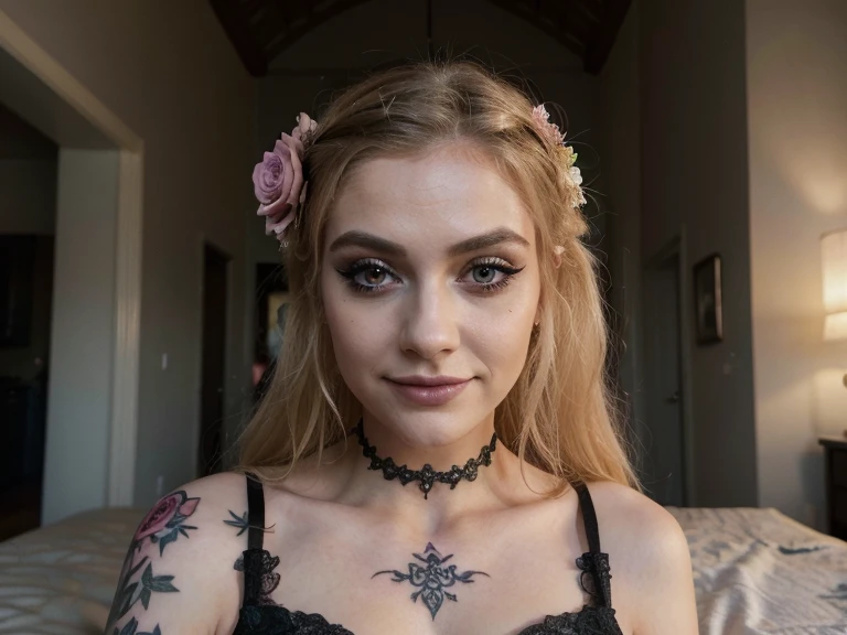 ((best quality)), ((masterpiece)), (detailed), perfect face, black dress, rose flower tattoo on shoulder, beautiful woman, blonde hair, pink bed, open windows, 4k, beautiful smile, black metal makeup, corpse paint makeup