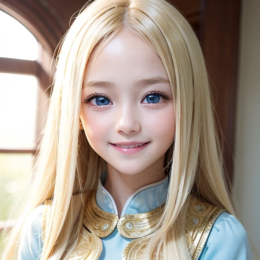one very beautiful cute young girl、10 years old、((very happy smile ))、Embarrassed blush、Beautiful very long shiny blonde hair with golden shine、Shiny and very beautiful pure white skin、Very beautiful and cute light blue eyes、shiny skin、 Very beautiful cute face、Beautiful cute bright look、Clear double eyelids、beautiful cute big eyes、perfect facial balance