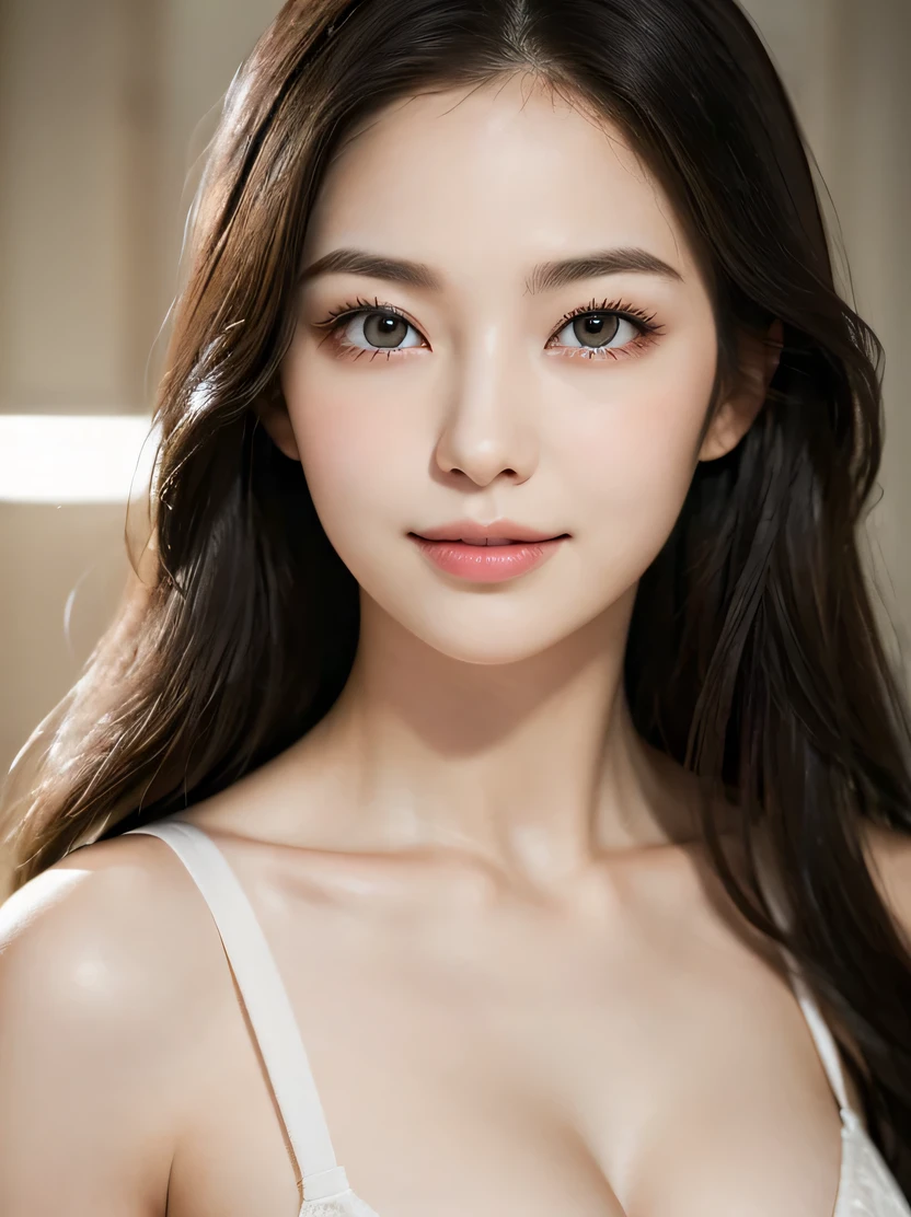 ((masterpiece、highest quality、realistic、Super detailed、High resolution、Photoreal、sharp focus、cinematic lighting))、Stunning portrait of a beautiful woman、3/5 shot、high contrast、high color saturation、With an oval face and symmetrical facial structure、Big eyes、Khazar eye color、almond shaped eyes、Straight and balanced nose、Soft wavy black hair、heart-shaped lip、Perfect eyebrows、perfect ears、soft skin、pale white skin、Raise your chin slightly、closed your mouth、smile 、plain background、focus from the chest up