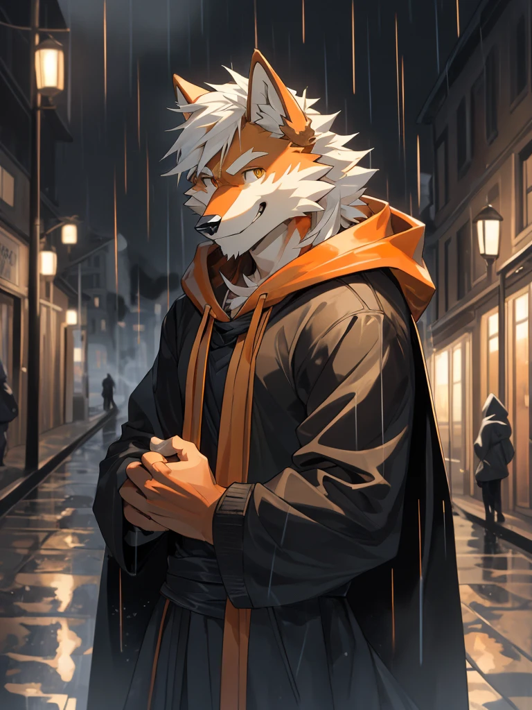1man,Correct body structure,Correct finger structure,Correct pupil structure,single person, ((orange fur)), orange wolf, strong, white hair, smile, brown pupils, wolf tail, Medium length hair, Hooded capes, rain, night, streets, agers