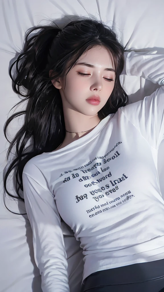 8k, Best quality, masterpiece, ultra high res, (photorealistic:1.7), raw photo, 1girl, in the dark, deep shadow, low key, cold light, extremely beautiful face, wet body texture, messy hair, white casual T-shirt, black latex leggings, choker, eyes closed, sleeping relaxed, laying on bed, mouth slightly open a little, bit jaw slightly up, full body, climax