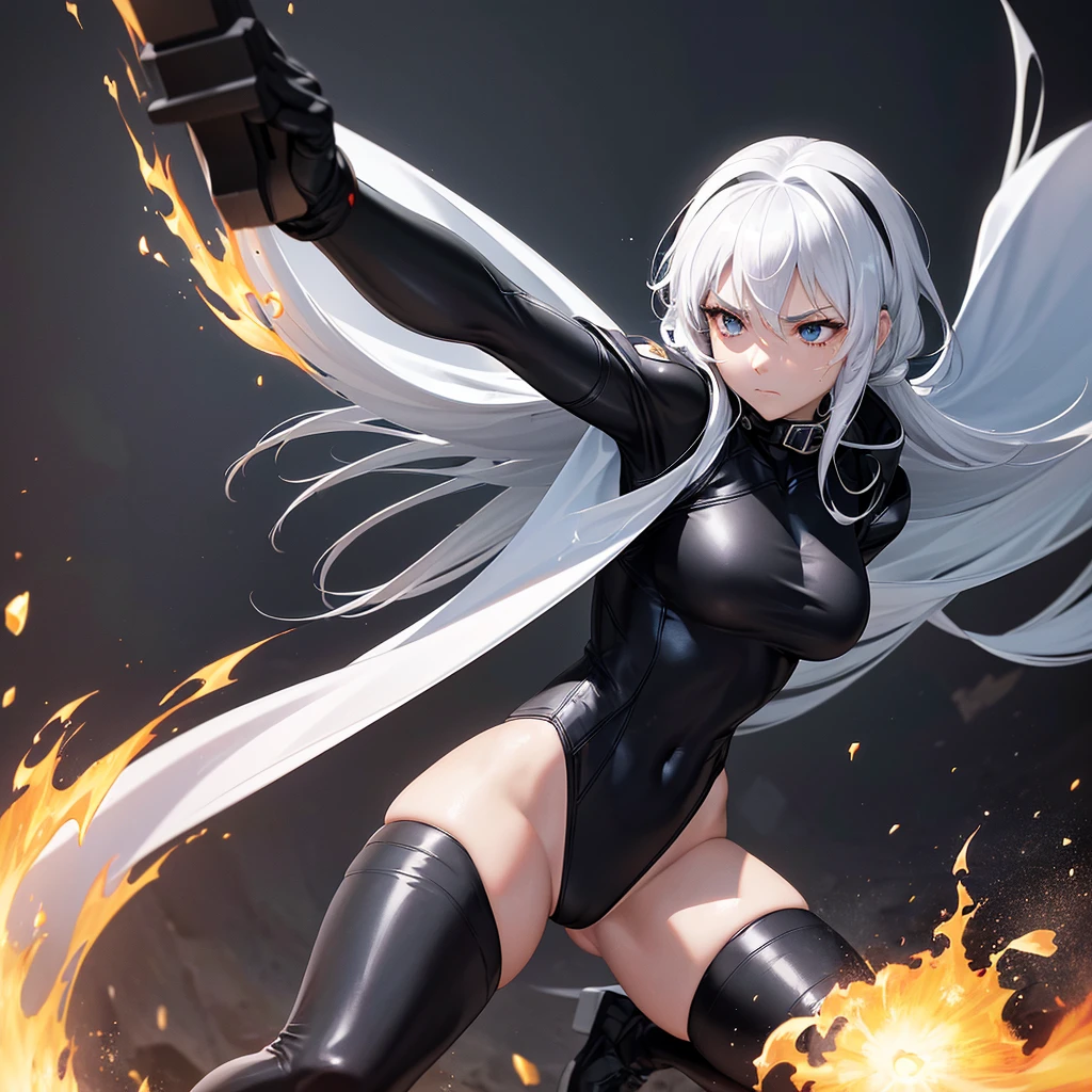 HD, 8k resolution, REVEALED: A Fighting Girl of Epic Proportions,
(A girl clad in white hair and black cape,),
(Emblematic of power and determination,),
(Her face lined with grit and focus,),
(Eyes serious, closed mouth,),
(Casually poised in Bruce Lee stance,),
(Tactical pants concealing every curve,),
(Black hood, black lines tracing her eyes,),
(Stealthy black polar diver attire,),
(Particles engulfing the scene in battle's fiery embrace.)

Through the lens of our camera, we unve