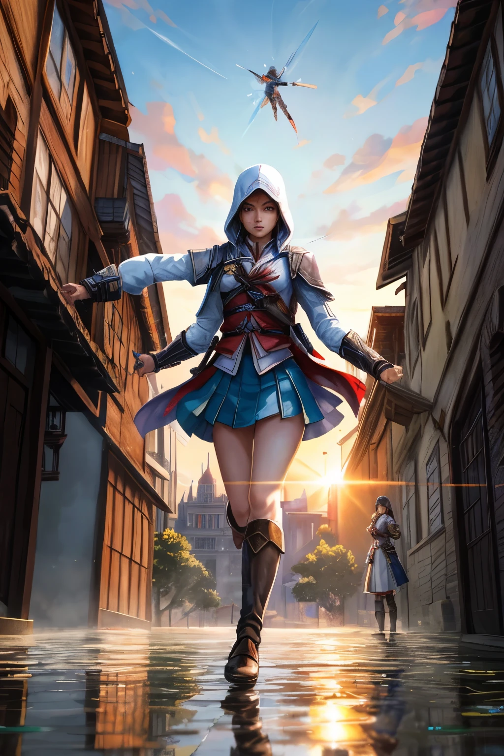 Assassin's Creed inspired scene with Akira Toriyama's unique style, featuring girls as models in action. One girl, dressed in the assassin's hood and leather outfit, jumps brilliantly across buildings as the sun begins to rise in the background. The scene is filled with an aura of tranquility, depicted by the bubbling water splashing in various puddles below, adding splashes of vibrant colors to the scene. The rising sun casting its rays on the dewy surfaces creates a stunning contrast, illuminating the girls and the buildings in the most mesmerizing way. This scene is not just a mere image but a masterpiece, showcasing the essence of action
