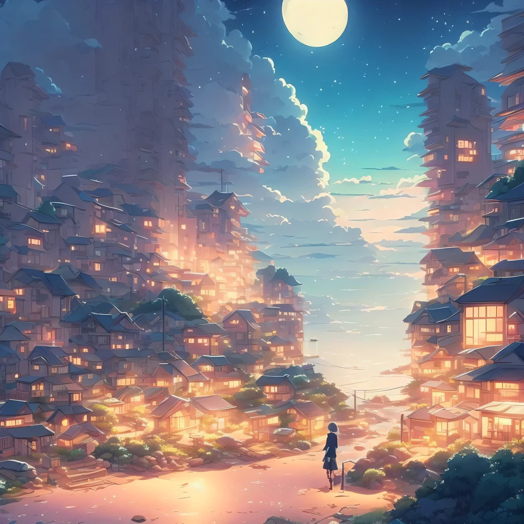 川と街のnight viewを描いた絵, anime background art, night view, anime scenery, beautiful anime scenery, anime background, beautiful anime scene, nightime village background, makoto shinkai&#39;Style, anime scenery wallpaper, Beautiful peace scenes in anime, anime scenery, inspired by makoto shinkai, ( ( makoto shinkai ) )