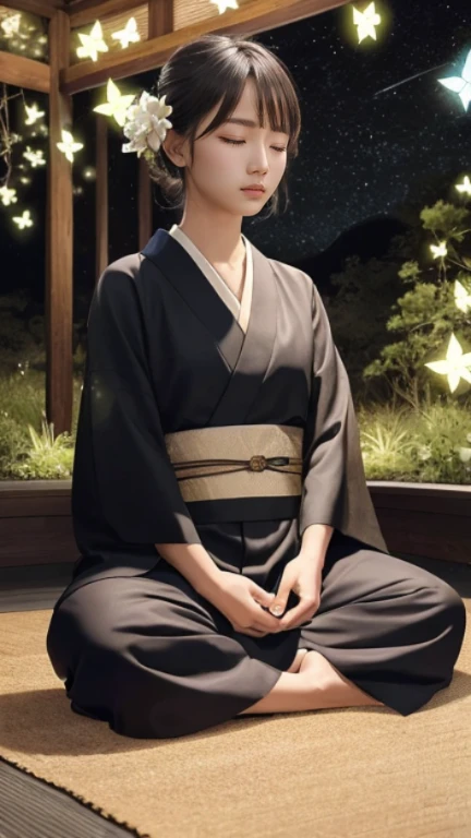 Pitch black garden,zazen on the ground,,,,,,,,late night,starry sky,mysterious sight,Countless butterflies emitting light々,Countless fireflies,well-groomed face,Gorgeous gardens,late nightに庭園で,.1people,20 year old woman,深いMeditating,kimono,kimono,masterpiece,highest quality,Precise,Meditating, sit cross-legged, Close ~ eyes, Harmony with the Force, spiritual retreat, transcendental tranquility, desert enlightenment, disorganized, HDR, Super detailed illustrations, highly detailed face, RAW photo, film grain, trending on deviantart