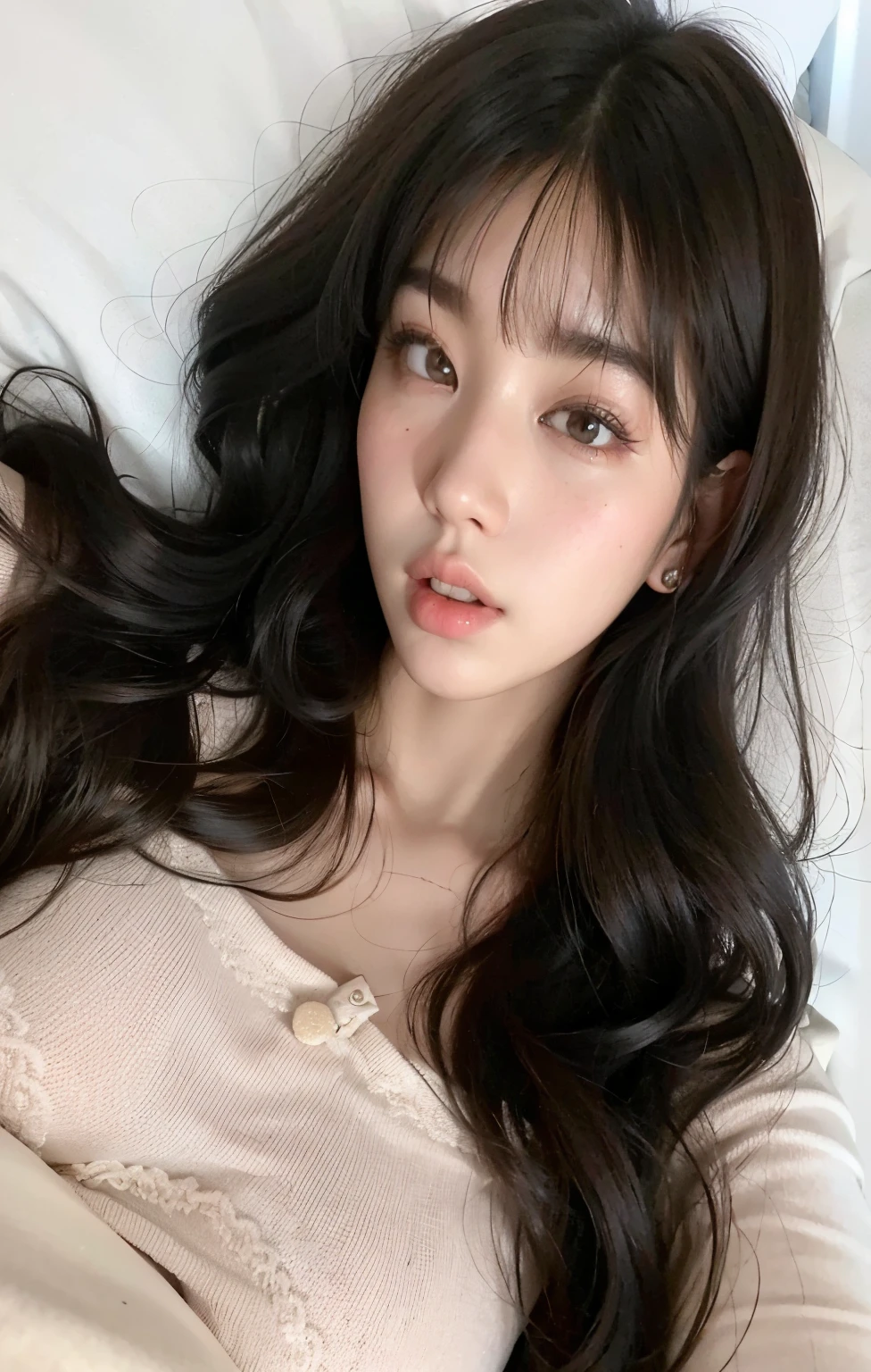 a close up of a woman laying in bed with a pillow, ulzzang, korean girl, beautiful south korean woman, young adorable korean face, gorgeous young korean woman, beautiful young korean woman, lalisa manobal, neat hair with bangs, girl cute-fine-face, wan adorable korean face, popular south korean makeup, popular korean makeup