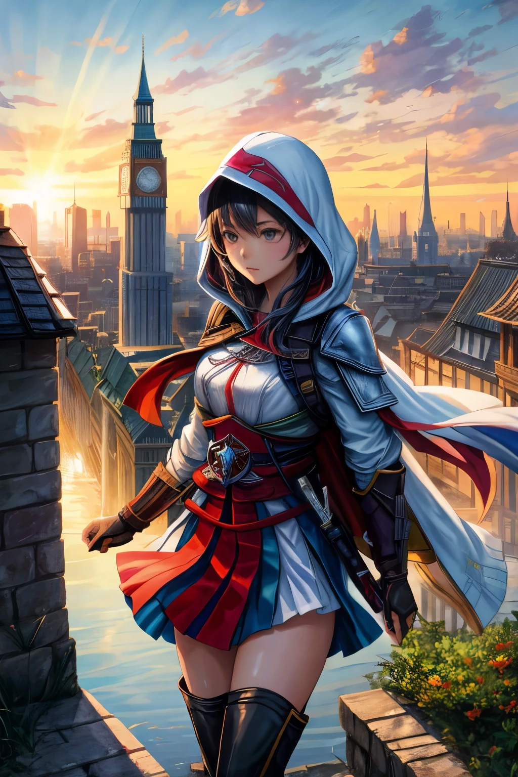 Assassin's Creed inspired scene with Akira Toriyama's unique style, featuring girls as models in action. One girl, dressed in the assassin's hood and leather outfit, jumps brilliantly across buildings as the sun begins to rise in the background. The scene is filled with an aura of tranquility, depicted by the bubbling water splashing in various puddles below, adding splashes of vibrant colors to the scene. The rising sun casting its rays on the dewy surfaces creates a stunning contrast, illuminating the girls and the buildings in the most mesmerizing way. This scene is not just a mere image but a masterpiece, showcasing the essence of action