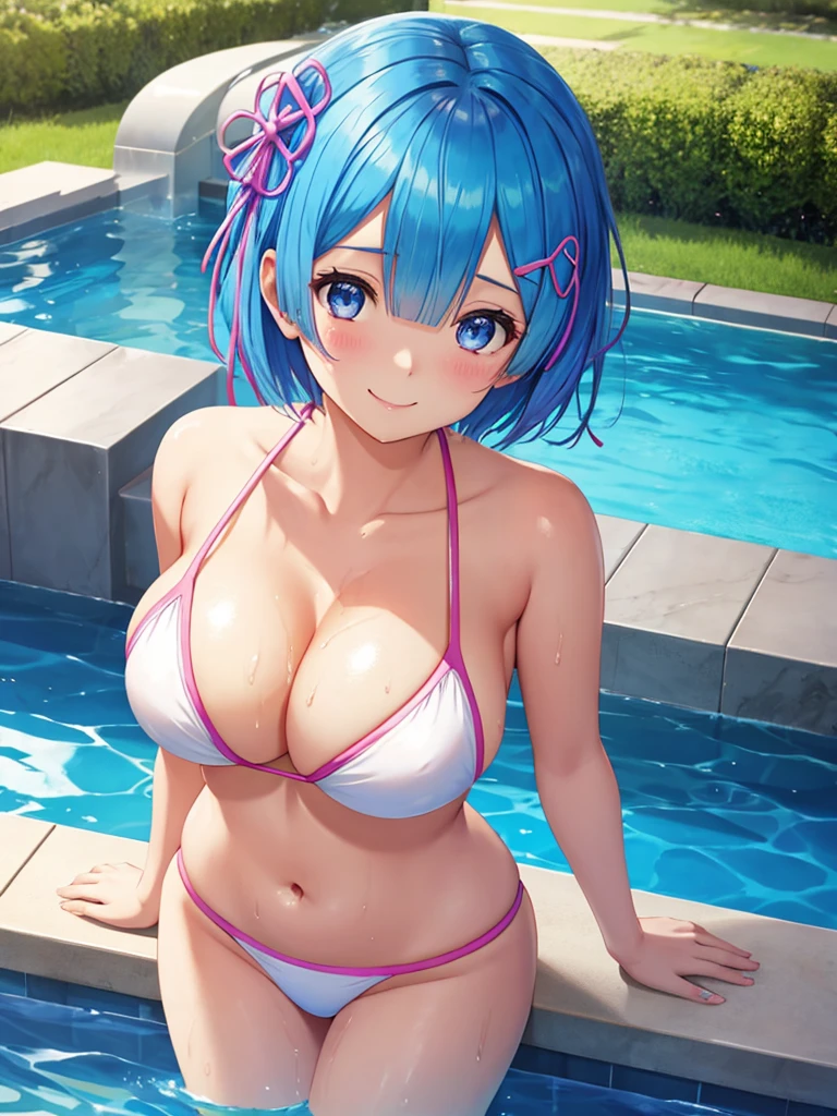 (highest quality), (masterpiece), (super detailed), (wallpaper, one girl),(Rem,Re:zero,blue hair,short hair,big breasts),(Perfect beautiful white bikini),medium hair、(beautiful big breasts)、whole body、public pool、outdoor pool、(hair is wet) 、(body dripping wet)、smile、sexy pose、Rear view、standing